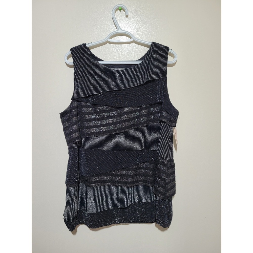 NWT Roz & Ali Tiered Metallic Stripe Sleeveless‎ Top Woman 18/20 Black Silver